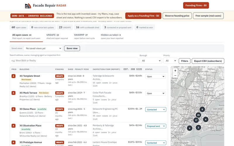 Facade Repair Radar demo: list of open facade repair cases with priority, finding, shed penalty risk, inspection firm, job size and team status, plus filters and map