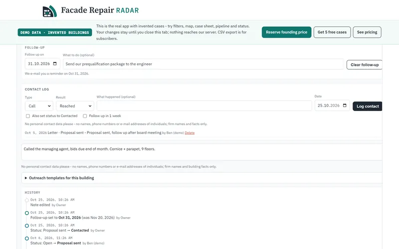 Tracking a case in the demo app: follow-up date with reminder, team note and change history