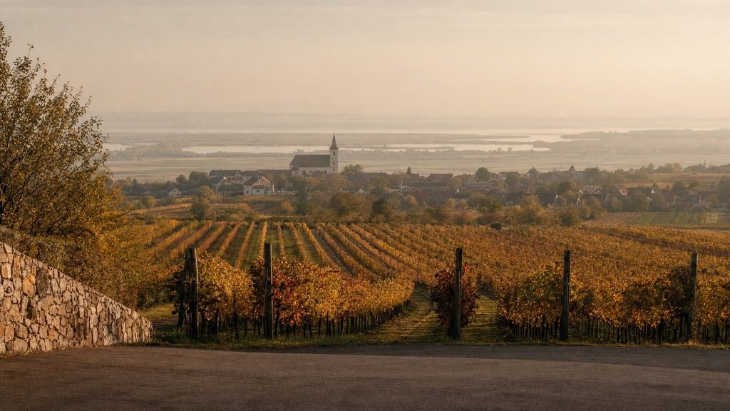Vineyards on the Leitha hills in Burgenland in morning haze, a small town and lake beyond