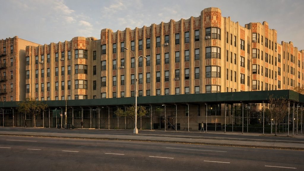 Art Deco apartment building on the Grand Concourse with a sidewalk shed in late-afternoon light