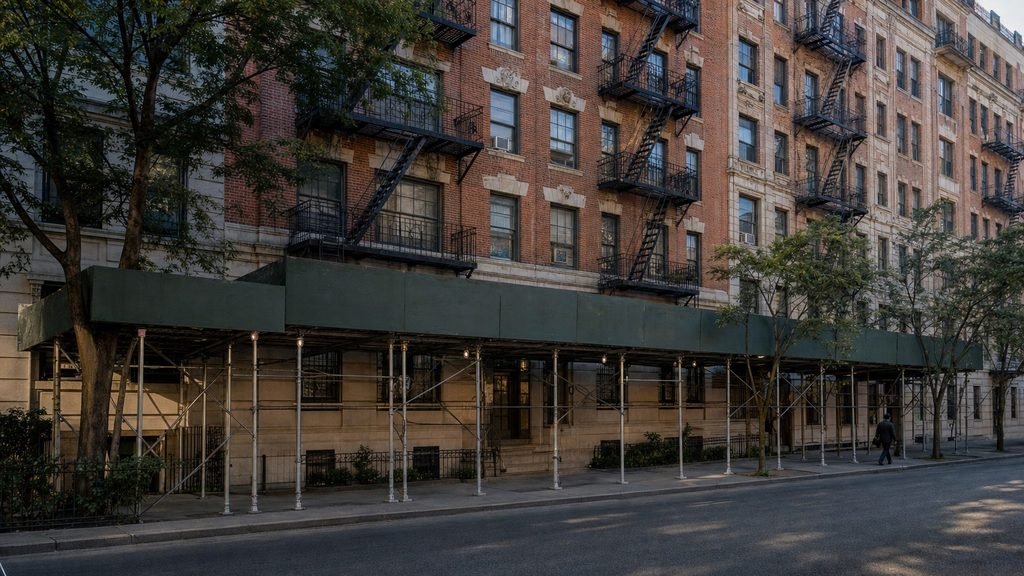 Upper West Side pre-war apartment building with fire escapes and a green sidewalk shed