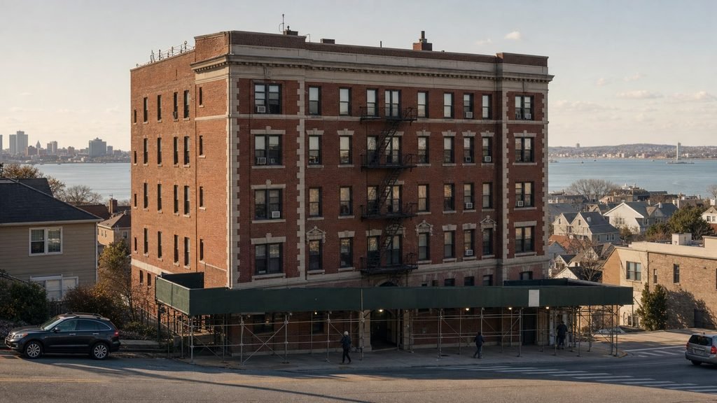 Brick apartment building with a sidewalk shed on a Staten Island hillside above the harbor