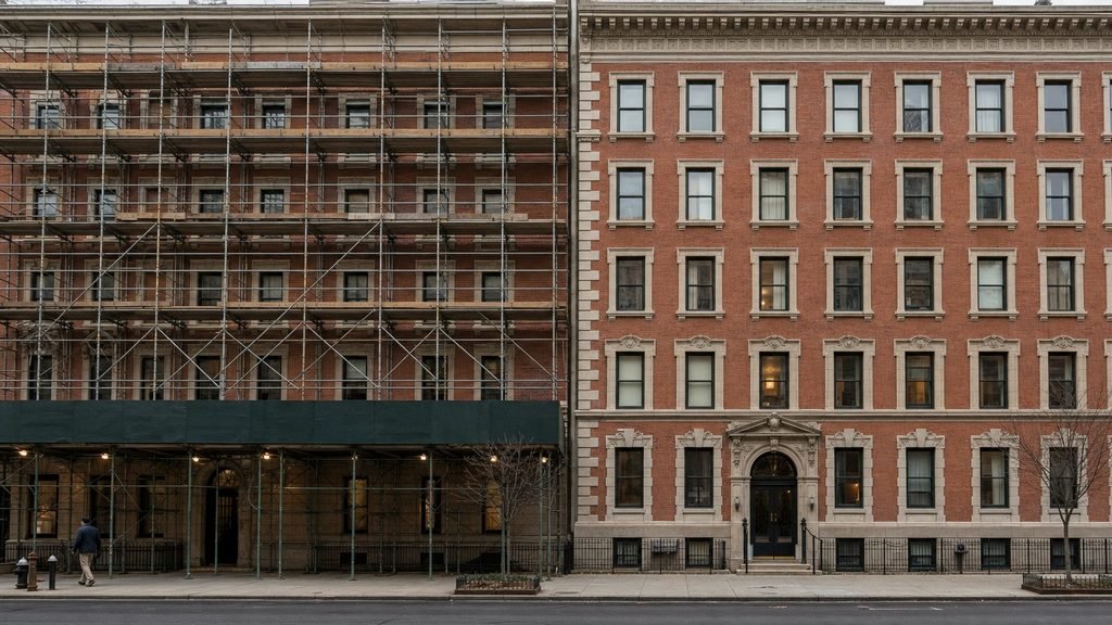 Two pre-war facades side by side: one scaffolded behind a sidewalk shed, one freshly restored