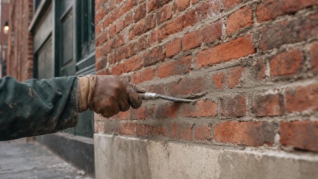 Gloved hand tooling fresh mortar into a brick joint with a jointing iron
