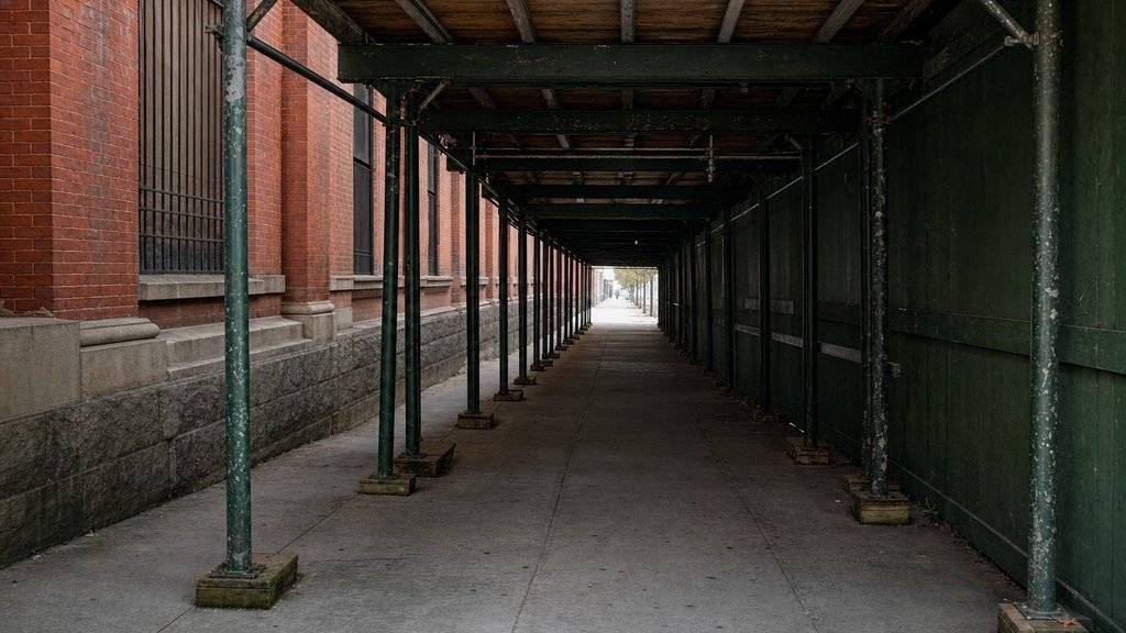Long, empty green sidewalk shed with rusted posts and moss at the bases