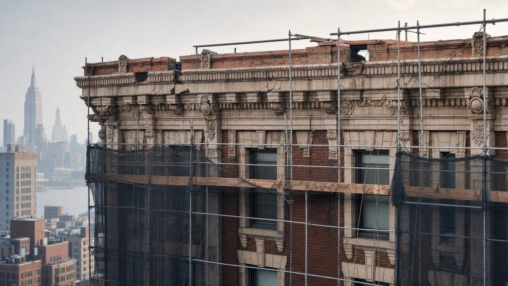 Scaffold and safety netting along a cracked terracotta cornice of a pre-war building in morning haze