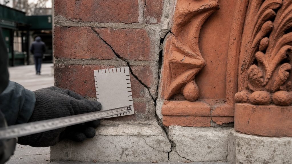 Crack gauge and tape measure held against cracked brick masonry next to a terracotta ornament